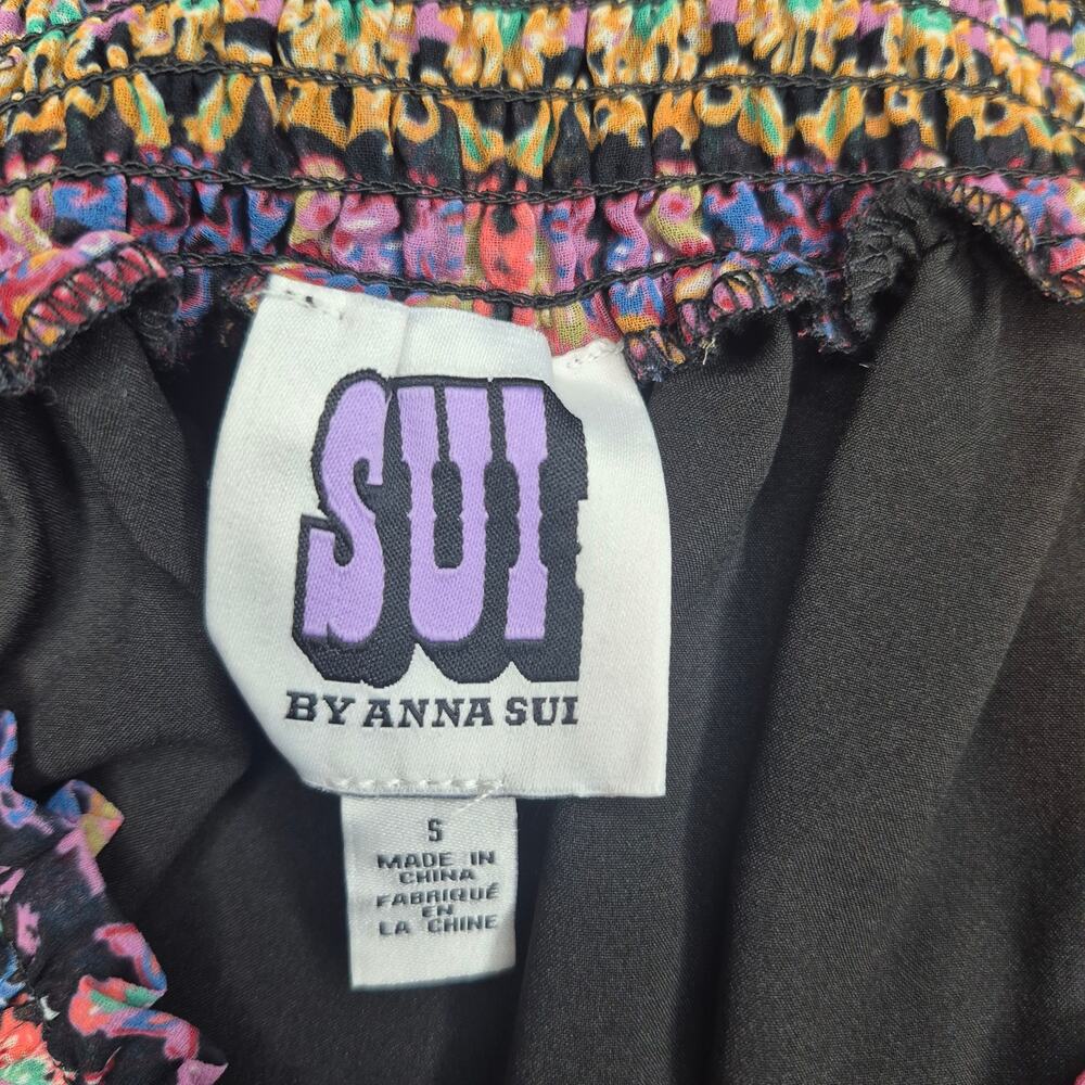 Sui Anna Sui Smocked Boho Peasant Dress Black Lace Multicolor Tribal Print Sz S - Picture 10 of 11